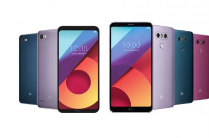 Front and rear view of the LG Q6 in Moroccan Blue and Lavender Violet and LG G6 in Lavender Violet, Moroccan Blue and Raspberry Rose