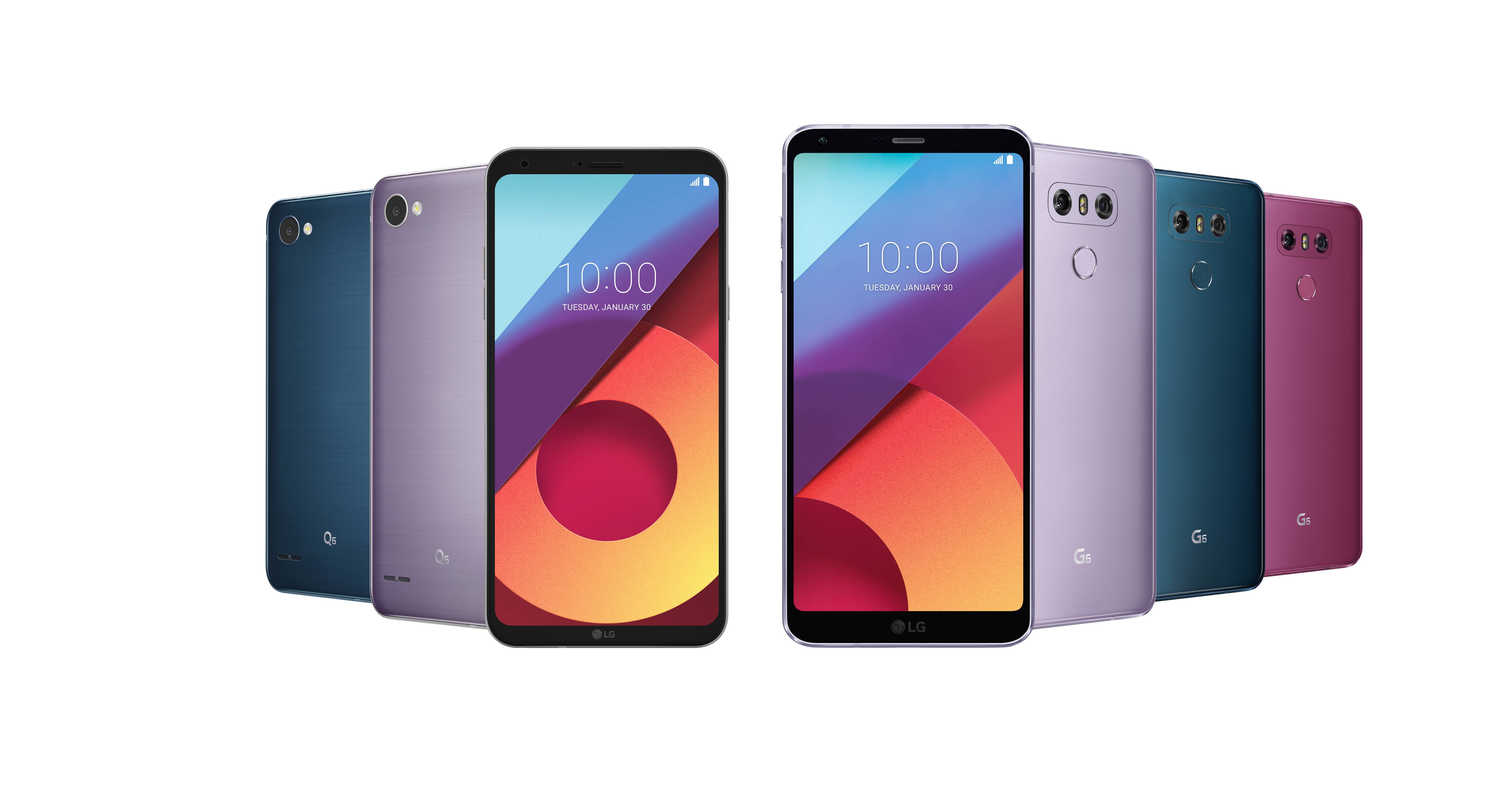 Front and rear view of the LG Q6 in Moroccan Blue and Lavender Violet and LG G6 in Lavender Violet, Moroccan Blue and Raspberry Rose