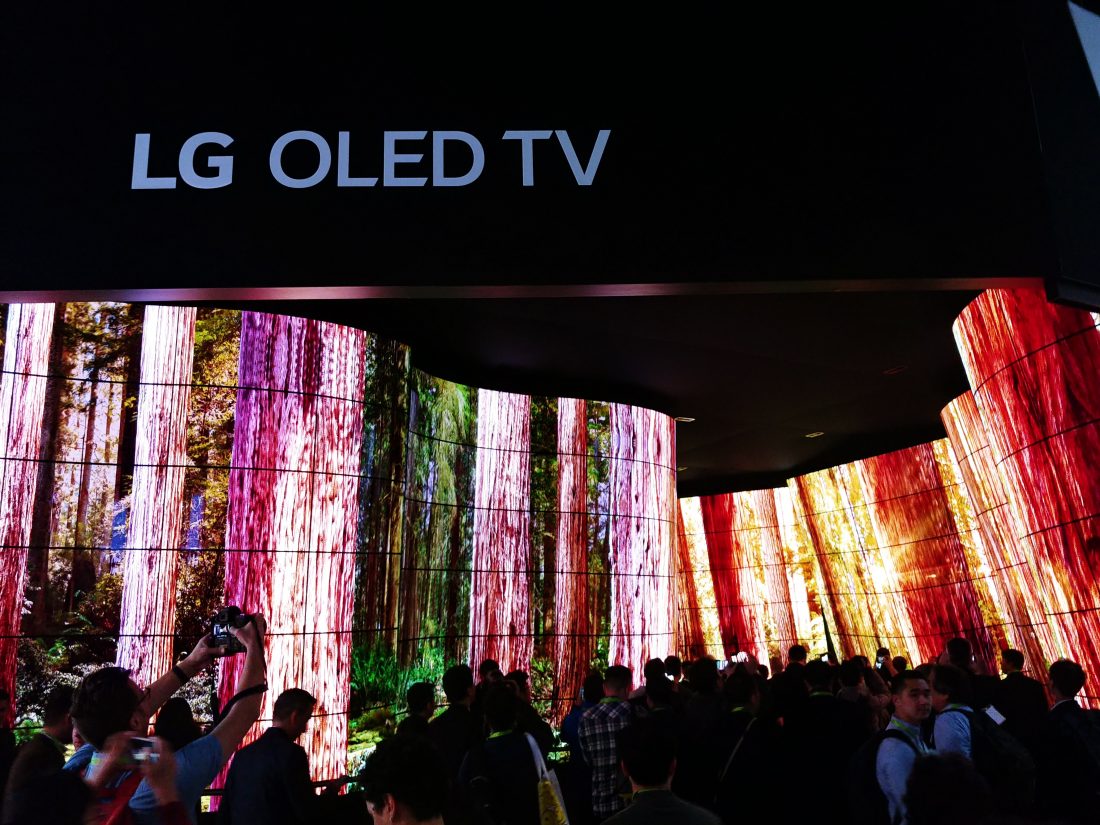 People standing before the entrance of the LG OLED Canyon and taking photos, LG OLED TV sign is visible above the canyon.