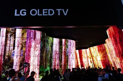 People standing before the entrance of the LG OLED Canyon and taking photos, LG OLED TV sign is visible above the canyon.