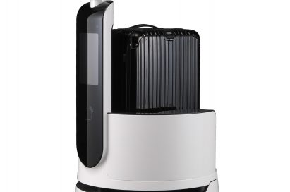 Front view of the LG CLOi CartBot facing 45 degress to the left