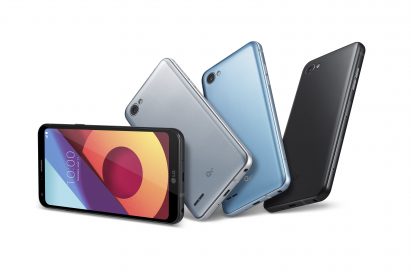 Front and rear view of four LG Q6+ phones to show color options