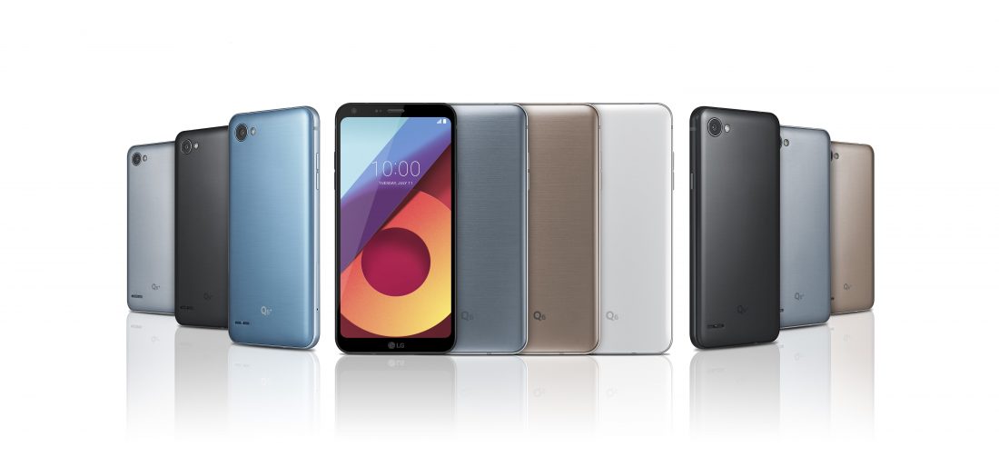 The LG Q6 phone with extra models pictured to show color options