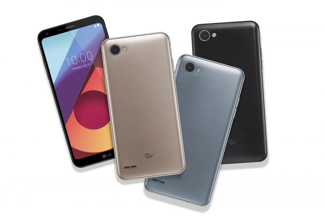 Another image of front and rear view of four LG Q6a phones to show color options