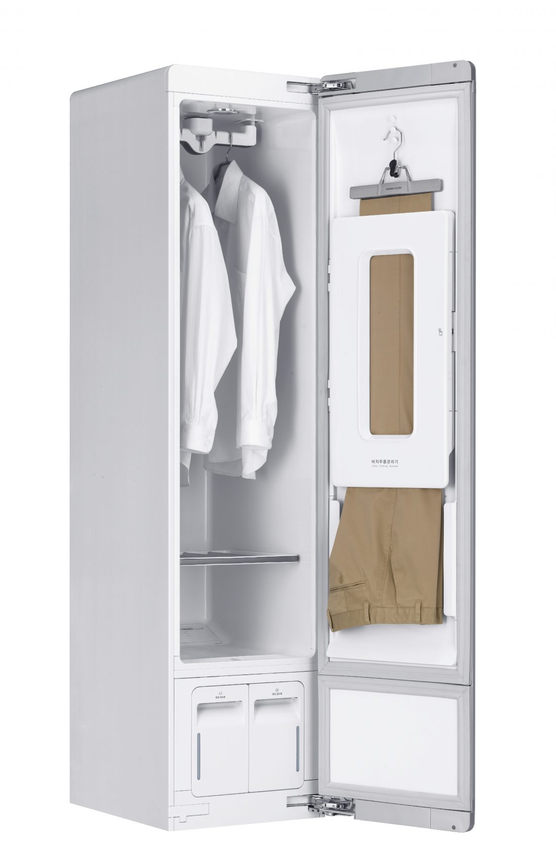 The LG Styler steam closet system facing 45 degrees to the right with the door open