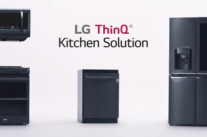 LG EasyClean® oven range, QuadWash™ dishwasher, InstaView refrigerator and microwave featuring the LG ThinQ™ logo and the text “Kitchen Solution”