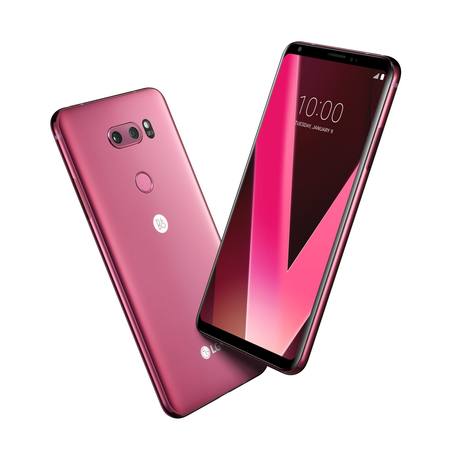 Two LG V30 smartphones in Raspberry Rose color positioned in a V shape, showing its front and back