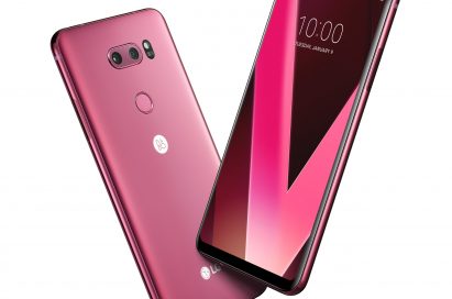 Two LG V30 smartphones in Raspberry Rose color positioned in a V shape, showing its front and back