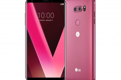 Two LG V30 Raspberry Rose smartphones side-by-side, one facing forward with display visible, and the other facing away and positioned at a slight angle