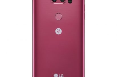 The rear case view of LG V30 smartphones in Raspberry Rose color