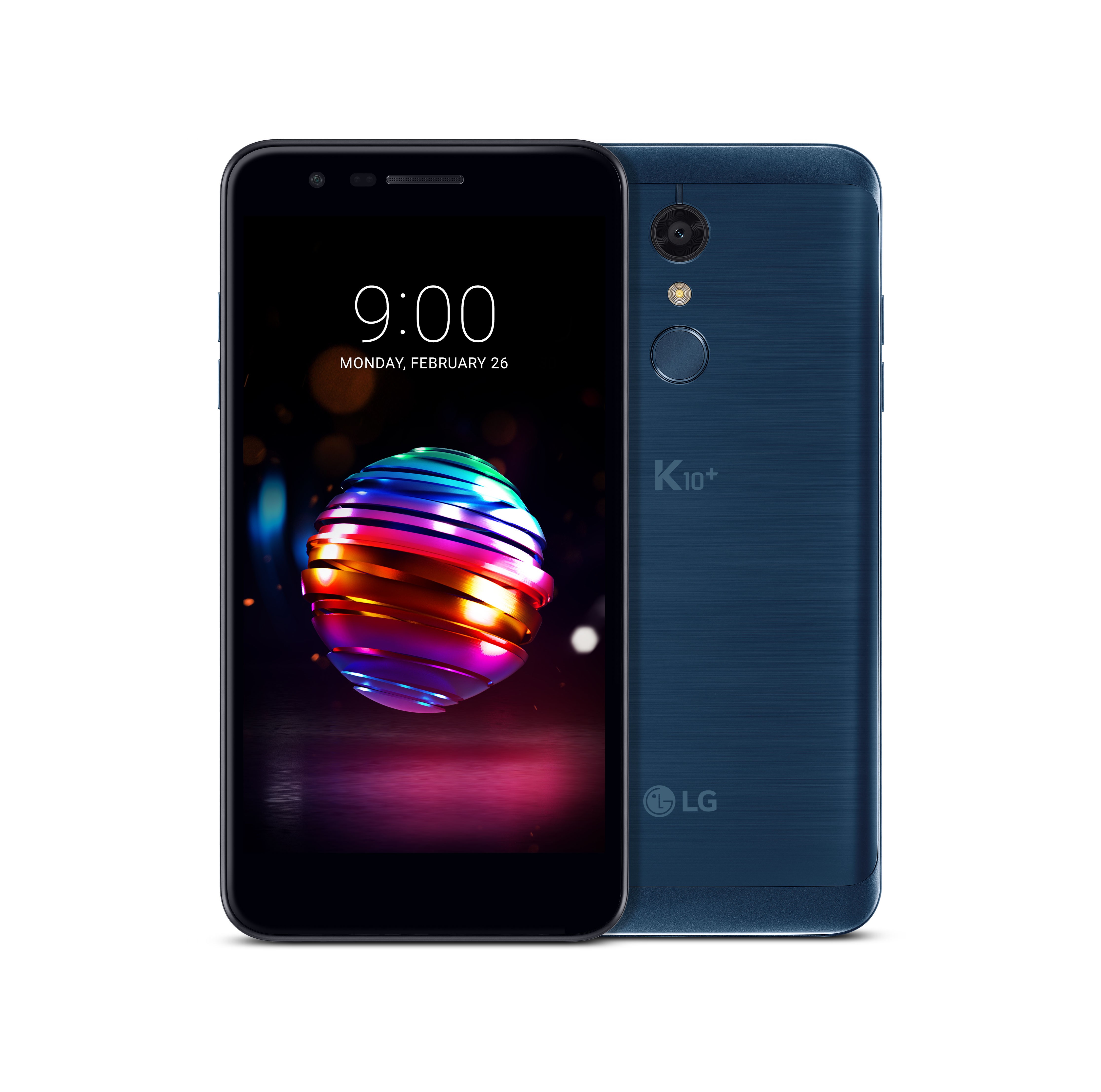 The front and back view of the LG K10+ in Moroccan Blue