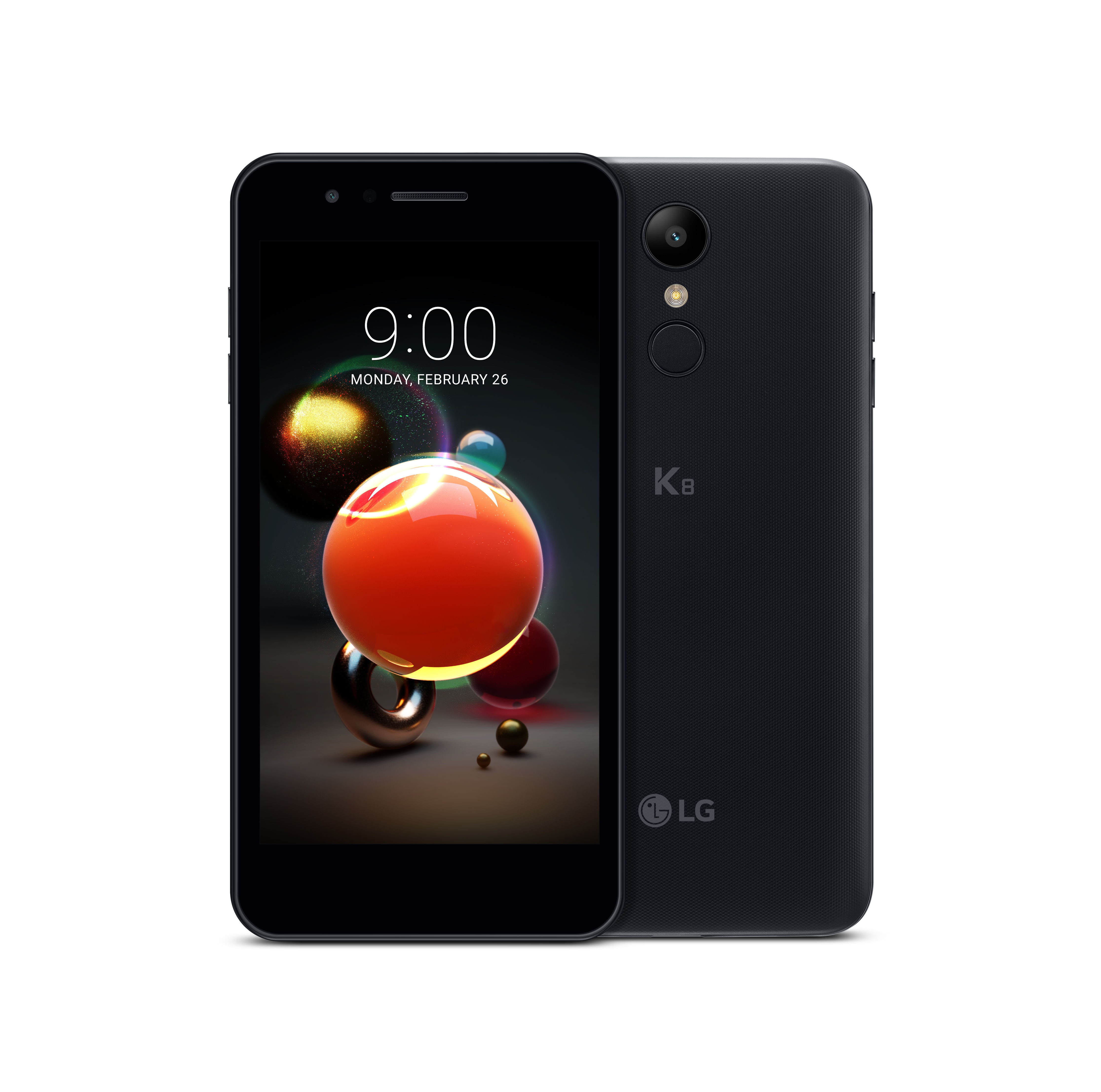 The front and back view of the LG K8 in Aurora Black