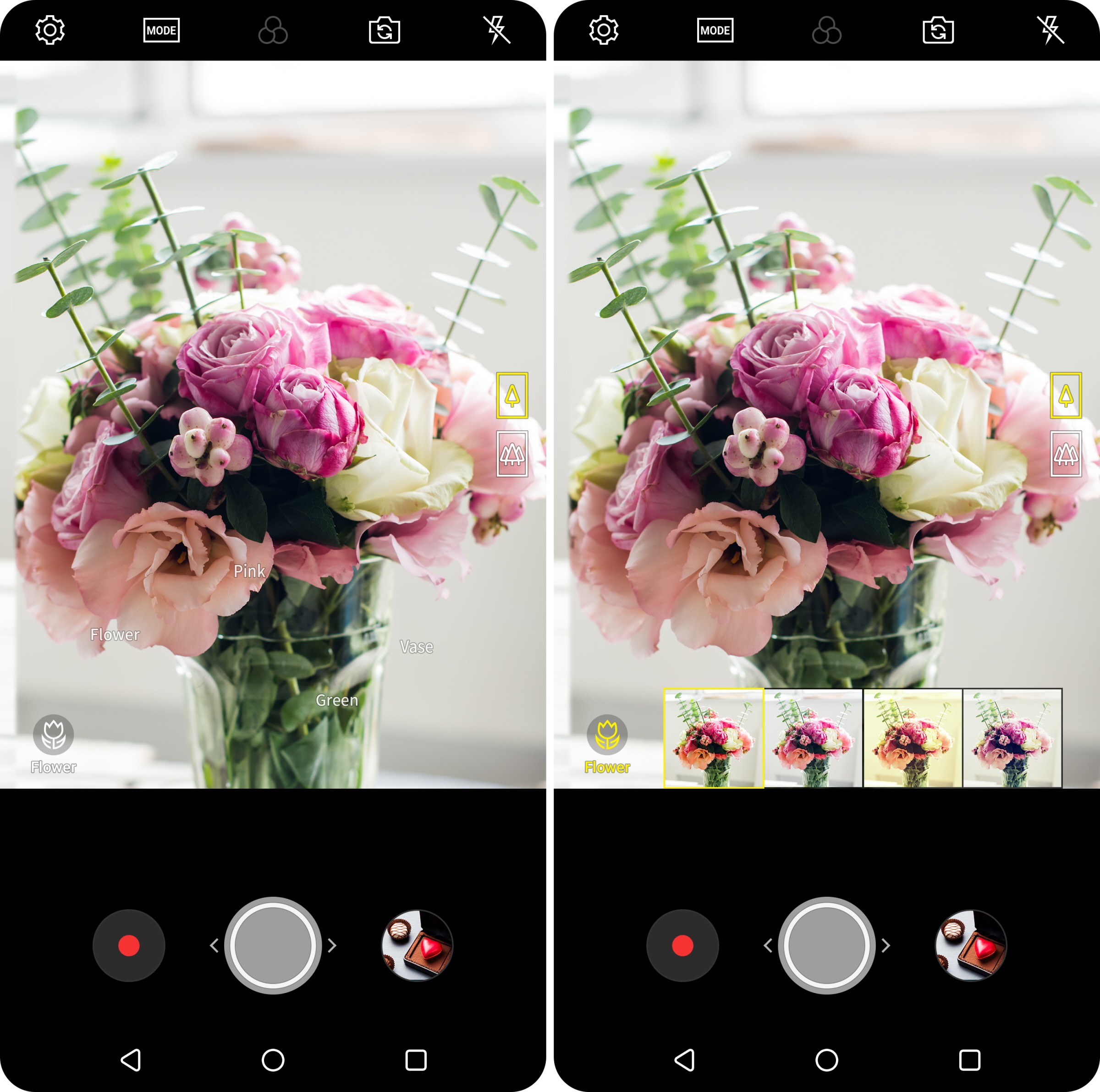 Screenshot of the LG V30’s Vision AI, which can automatically analyze objects and recommend the best shooting mode