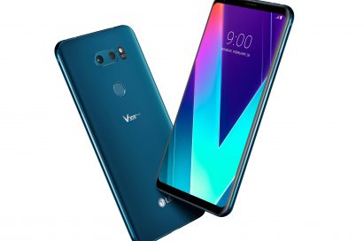 The front and rear view of the LG V30SThinQ in New Moroccan Blue positioned to form a V shape