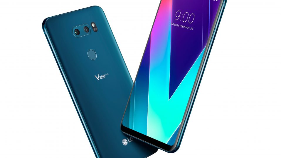 The front and rear view of the LG V30SThinQ in New Moroccan Blue positioned to form a V shape