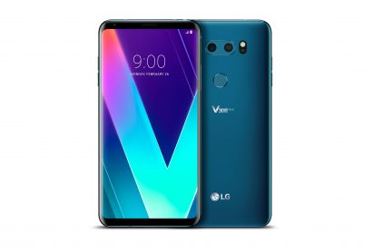 The front and rear view of the LG V30SThinQ in New Moroccan Blue side-by-side