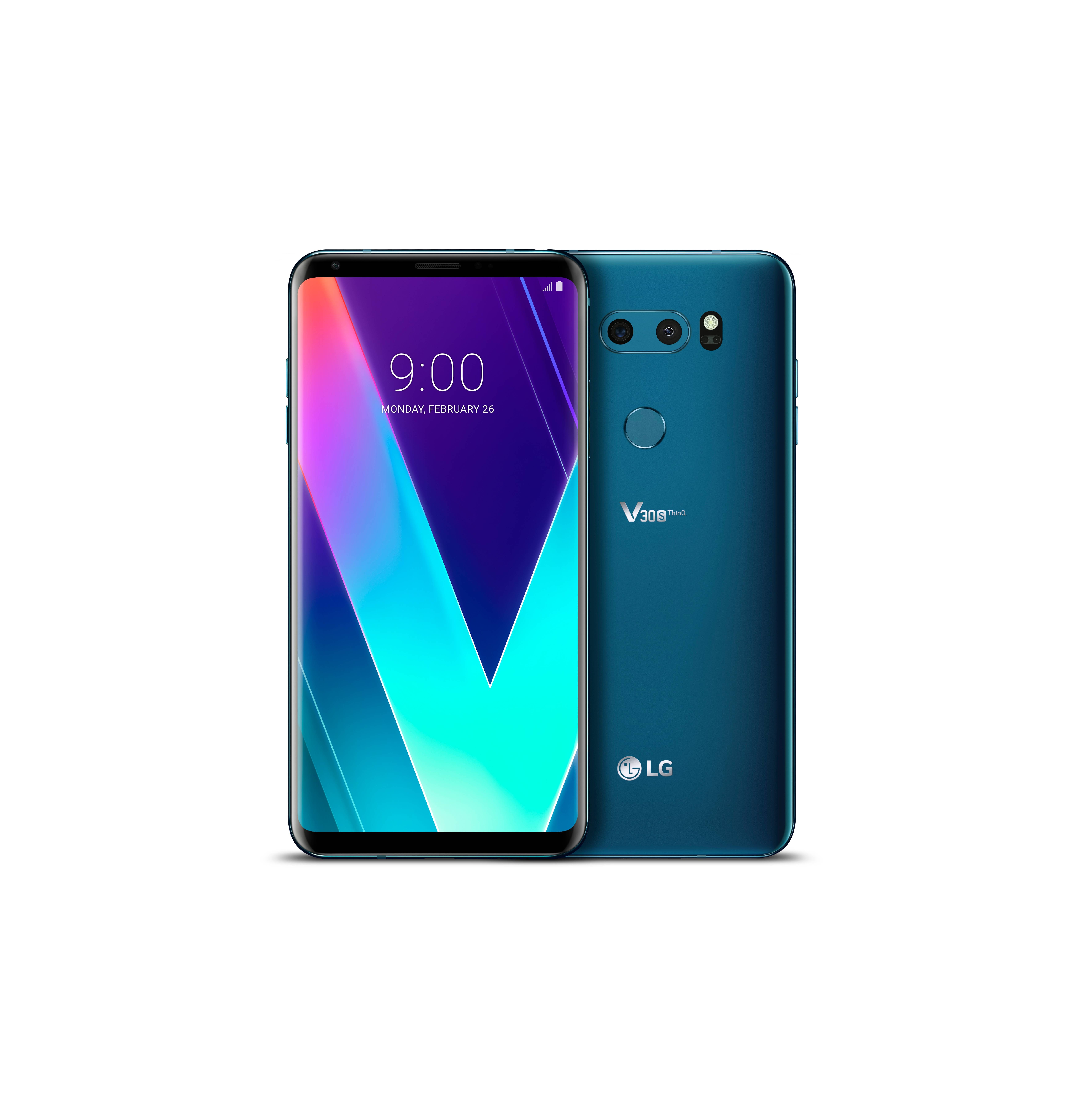 The front and rear view of the LG V30SThinQ in New Moroccan Blue side-by-side