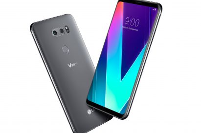 The front and rear view of the LG V30SThinQ in New Platinum Gray positioned to form a V shape