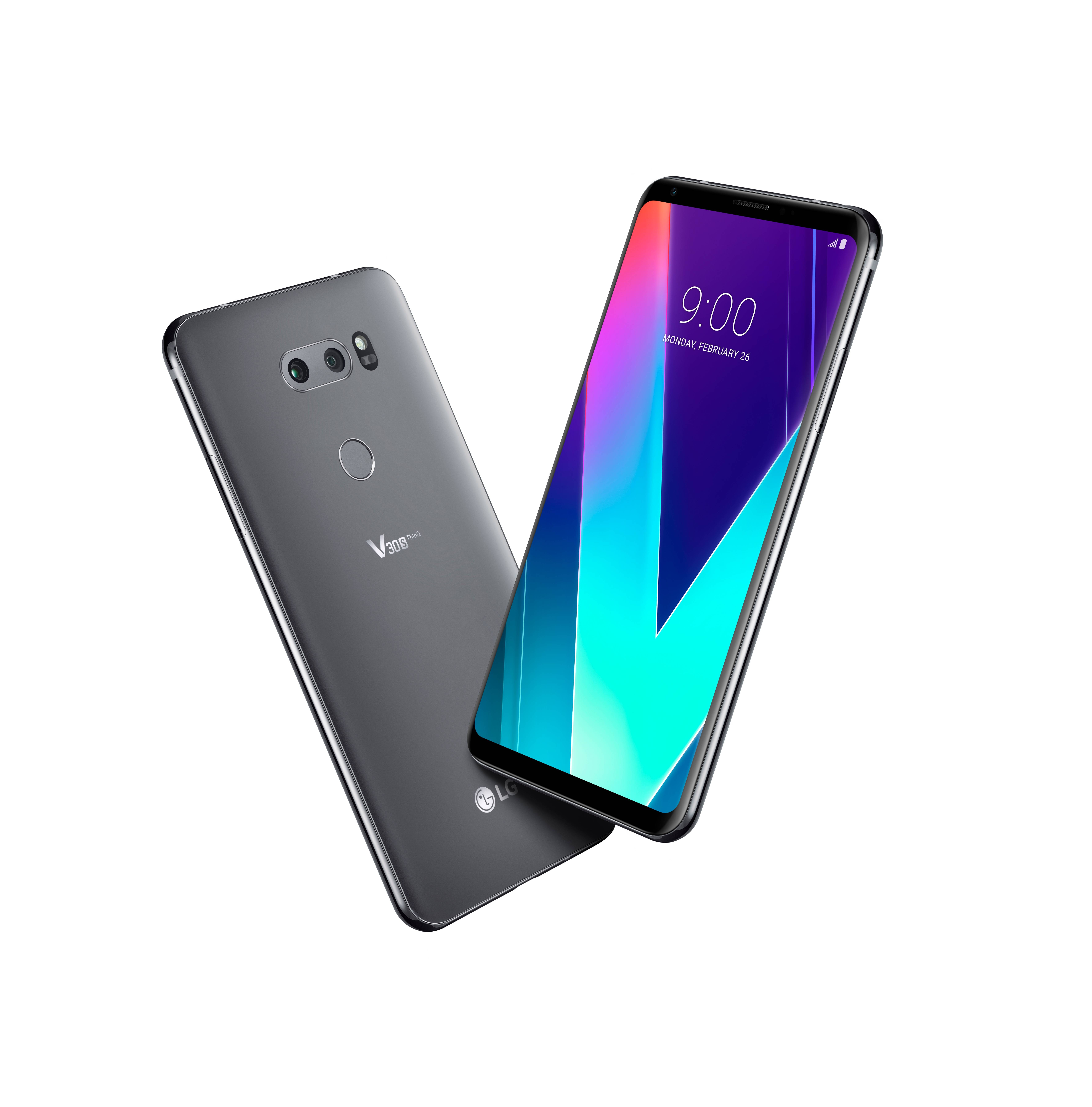 The front and rear view of the LG V30SThinQ in New Platinum Gray positioned to form a V shape