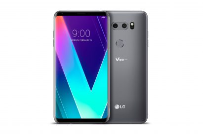 The front and rear view of the LG V30SThinQ in New Platinum Gray side-by-side