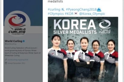 The photo shows the Tweeter account of World Curling Association celebrating on Team Kim’s silver medal winning at PyeongChang Winter Olympics 2018.