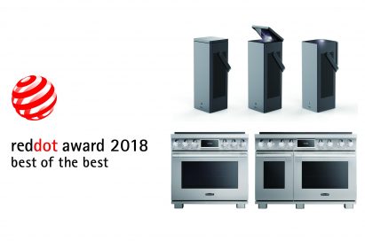 Logo of ‘reddot award 2018 best of the best’ with LG’s CineBeam 4K Lasers and SIGNATURE KITCHEN SUITE Pro range