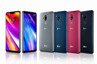 The front and rear view of the LG G7 ThinQ in New Platinum Gray, New Moroccan Blue, Raspberry Rose and New Aurora Black, side-by-side