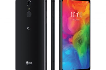 The rear, side and front view of the LG Q7 in Aurora Black, side-by-side