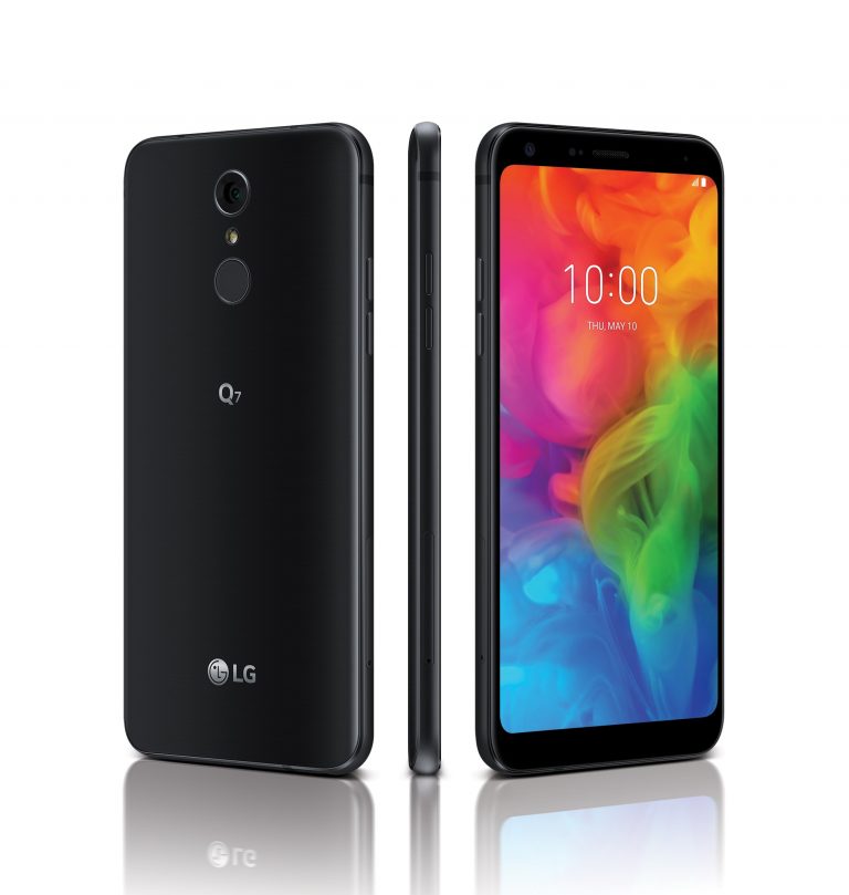 The rear, side and front view of the LG Q7 in Aurora Black, side-by-side