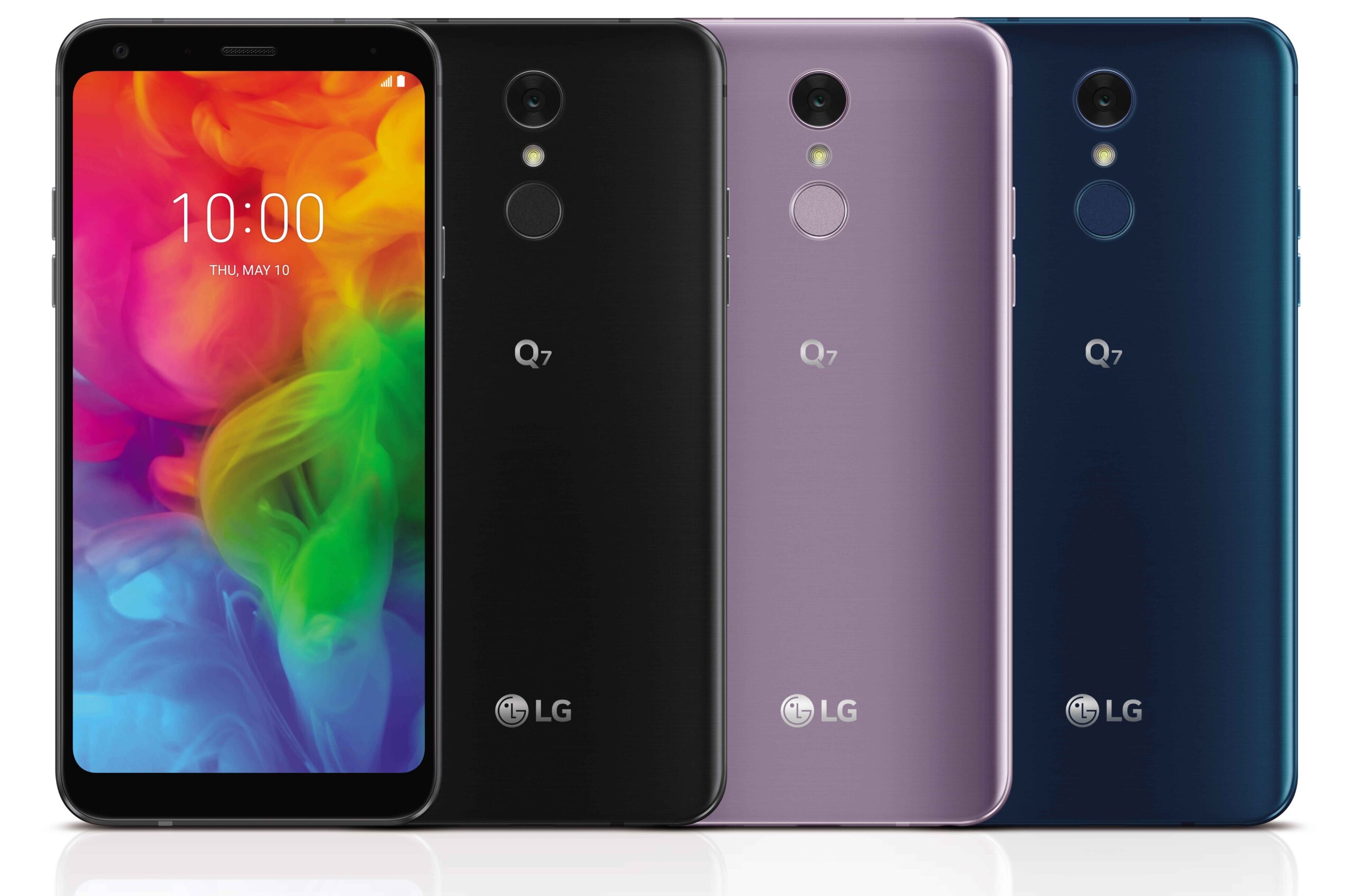 The front and rear view of the LG Q7 in Aurora Black, Moroccan Blue and Lavender Violet, side-by-side
