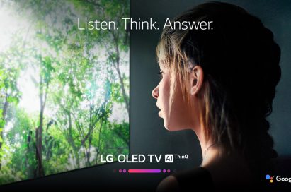 A promo shot for LG OLED TV AI ThinQ with a woman watching the TV’s display with the slogan, ‘Listen, Think, Answer