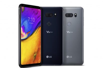 The front and back view of the LG V35 ThinQ in New Aurora Black and New Platinum Gray