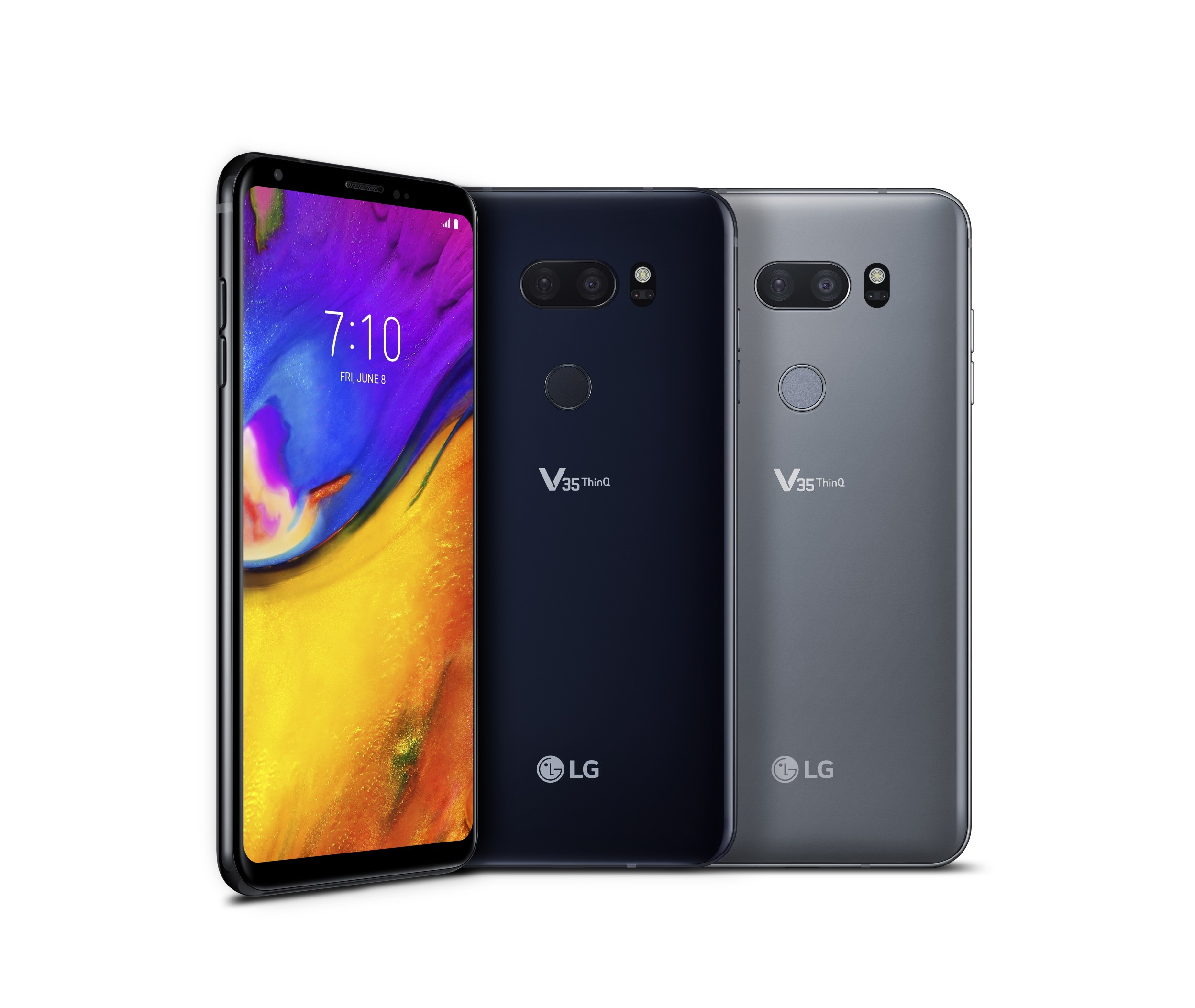 The front and back view of the LG V35 ThinQ in New Aurora Black and New Platinum Gray