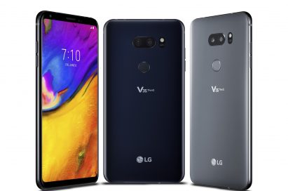 The front and back view of the LG V35 ThinQ in New Aurora Black and New Platinum Gray