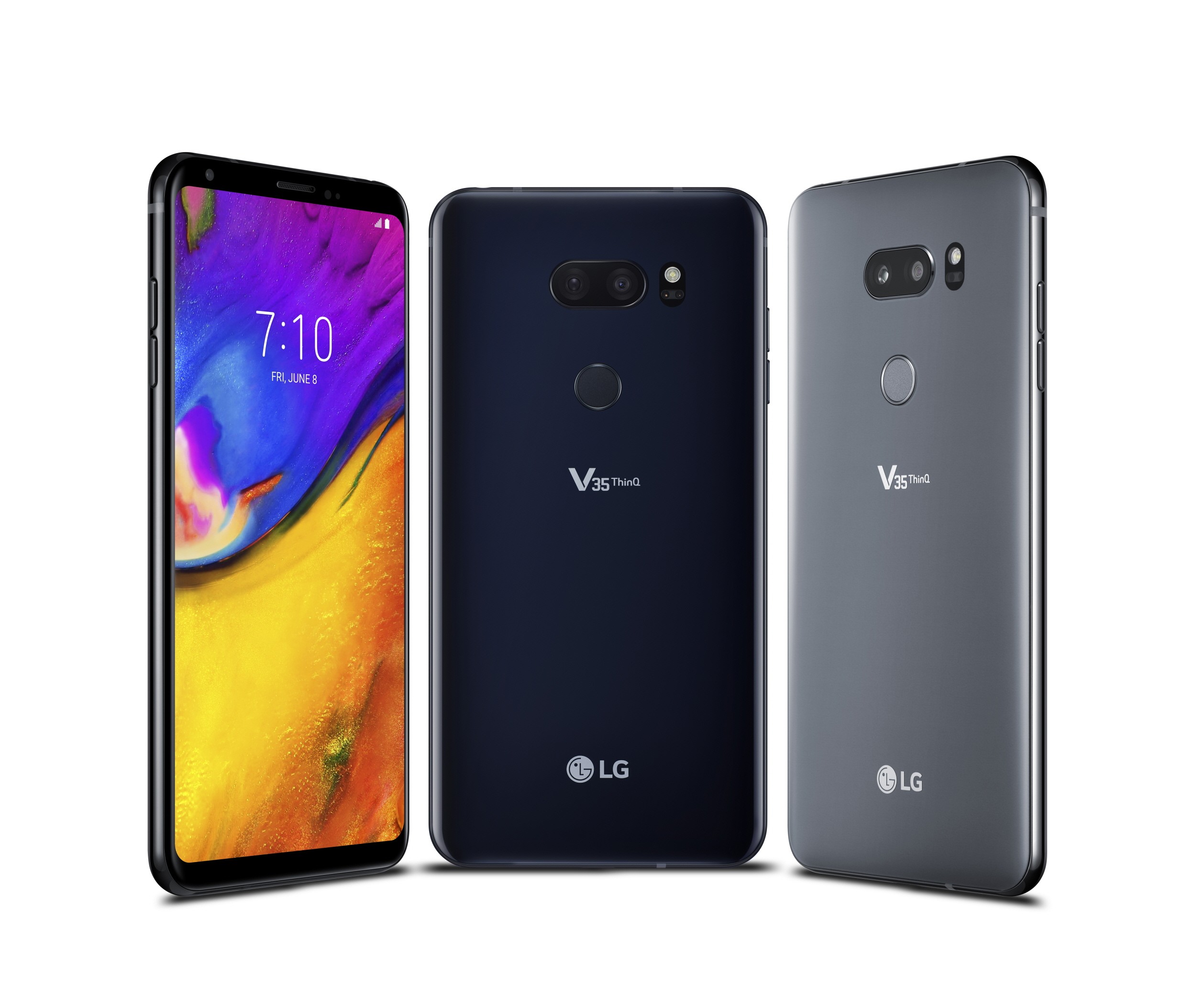 The front and back view of the LG V35 ThinQ in New Aurora Black and New Platinum Gray