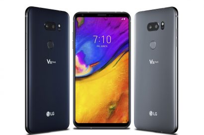 The front and back view of the LG V35 ThinQ in New Aurora Black and New Platinum Gray
