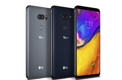 The front and back view of the LG V35 ThinQ in New Aurora Black and New Platinum Gray