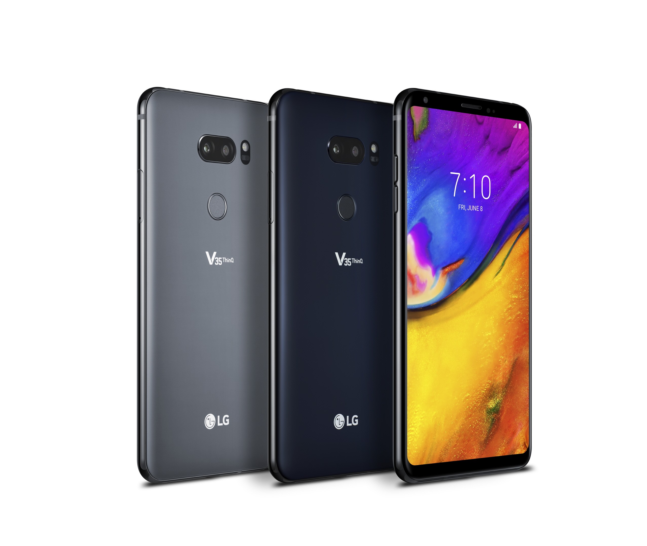 The front and back view of the LG V35 ThinQ in New Aurora Black and New Platinum Gray