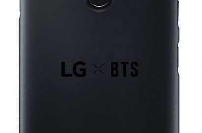 A rear side of LG G7 ThinQ that is attached to the exclusive BTS Smart Case