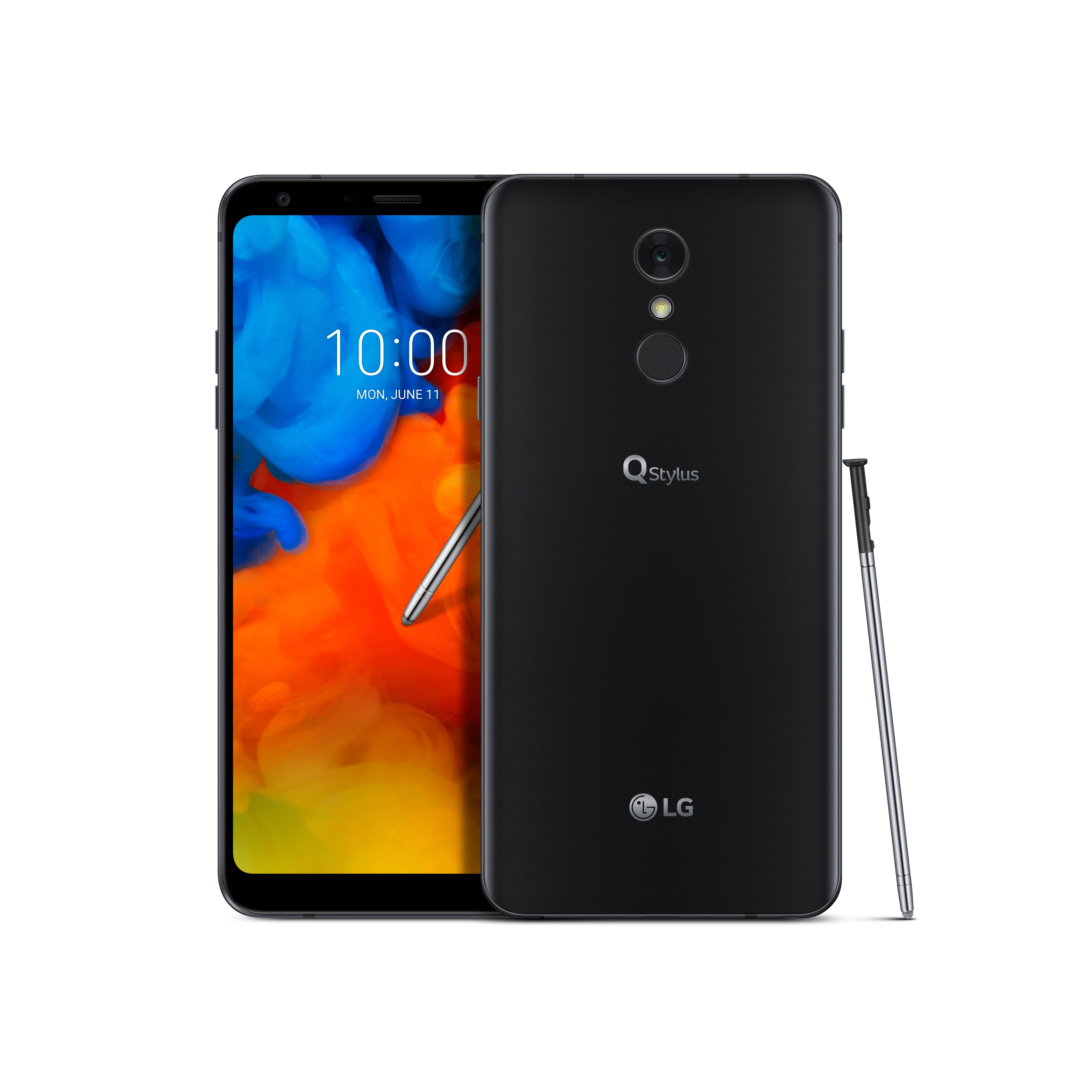 The front and rear view of the LG Q Stylus in Aurora Black