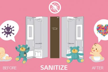 The infographic shows that the LG Styler sanitizes the comfort doll of a baby by using the Steam technology.