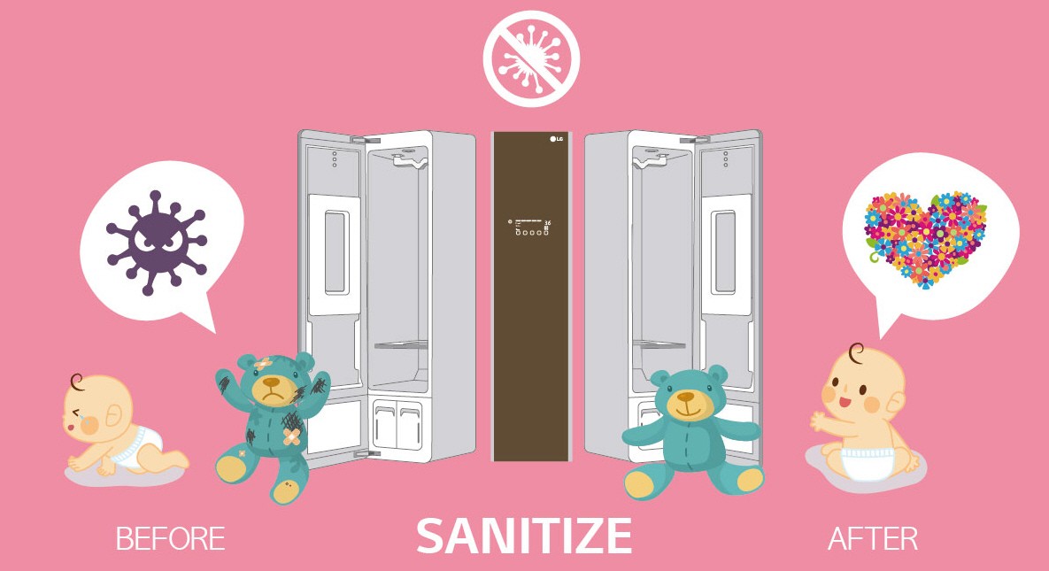 The infographic shows that the LG Styler sanitizes the comfort doll of a baby by using the Steam technology.