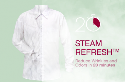 The image describes that LG’s Steam Refresh technology can reduce wrinkles and odors of clothing in 20 minutes.