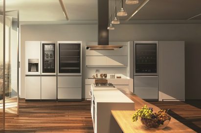 LG SIGNATURE Side-by-Side refrigerator, bottom-freezer refrigerator and wine cellar placed inside a modern kitchen.
