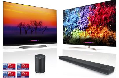 LG’s AI ThinQ-enabled products including OLED TV, LG SUPER UHD TV, LG XBOOM and LG Soundbar above four EISA AWARD logos