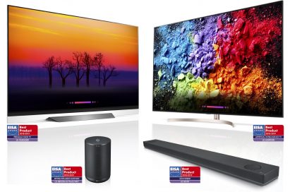 LG’s AI ThinQ-enabled products including OLED TV, LG SUPER UHD TV, LG XBOOM and LG Soundbar with matching EISA AWARD logos