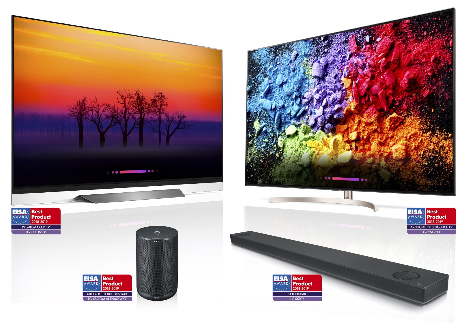 LG’s AI ThinQ-enabled products including OLED TV, LG SUPER UHD TV, LG XBOOM and LG Soundbar with matching EISA AWARD logos