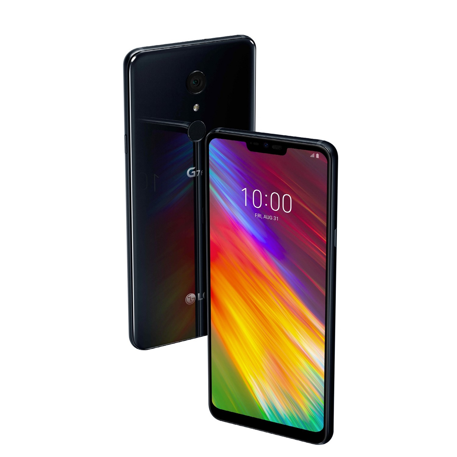 The front and rear view of the LG G7 Fit in New Aurora Black
