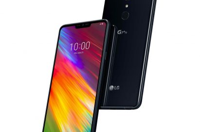 The front and rear view of the LG G7+ Fit in New Aurora Black