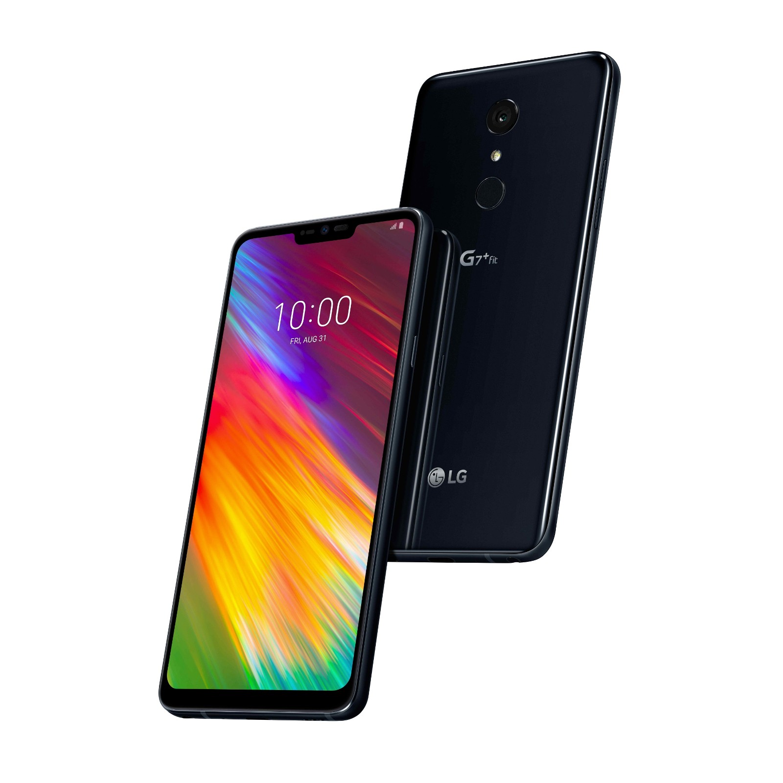 The front and rear view of the LG G7+ Fit in New Aurora Black